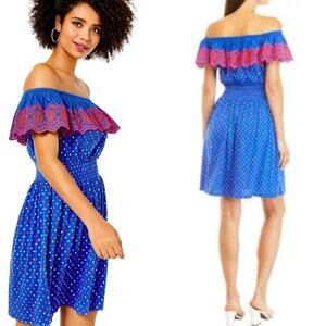 Lilly Pulitzer Kalama Borealis Blue Polka‎ Dot Squared Off Shoulder Dress Preppy